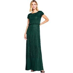 Adrianna Papell Women's Great Gatsby Green Short Sleeve Blouson Beaded Gown 8
